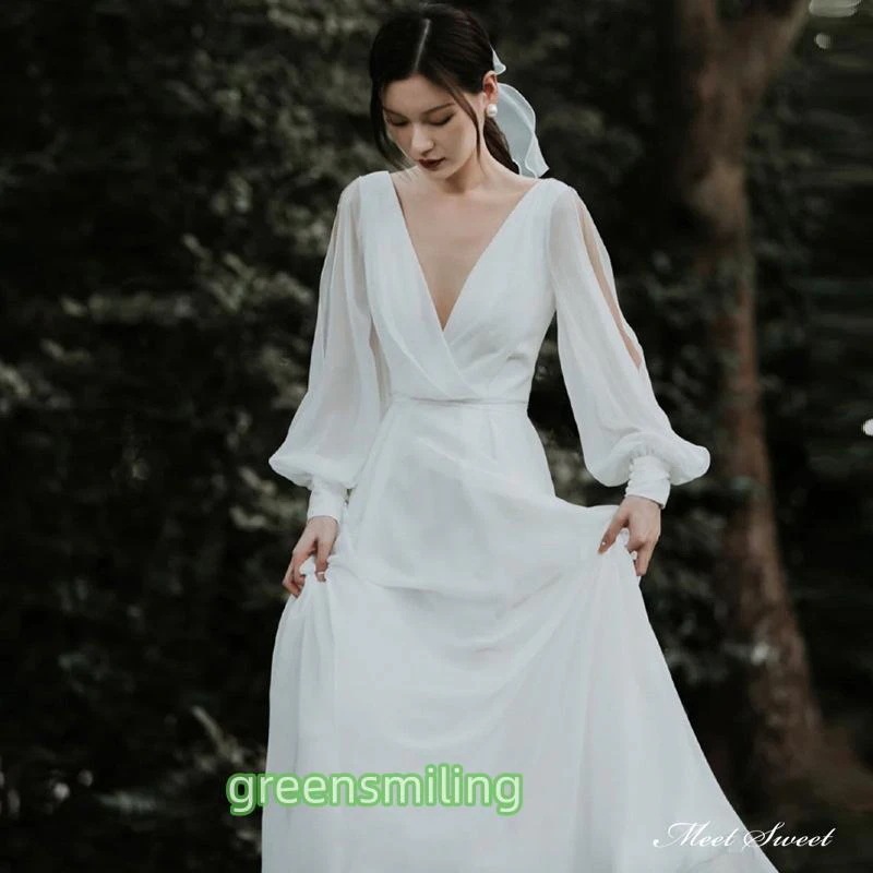 ウェディングドレス ロングドレス スレンダードレス 長袖 ロングスリーブ Vネック 二次会 結婚式 前撮り 後撮り ブライダル 花嫁 ウエディングドレス