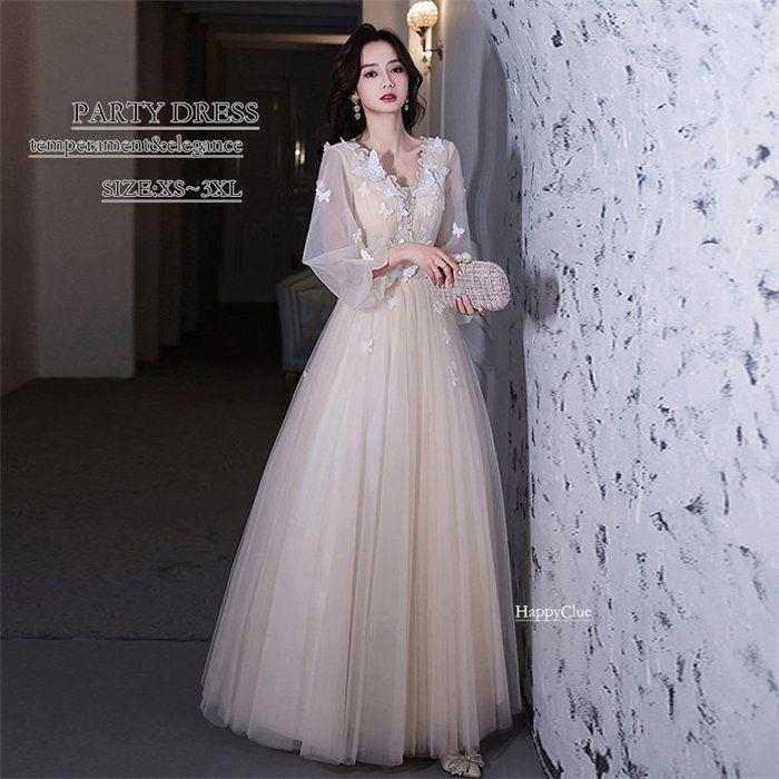 パーティードレス 式 可愛い 蝶柄 ロングドレス ブライダル 花嫁 ウェディングドレス プリンセスライン お姫様ドレス 半袖 Aライン ピアノ礼服 コンサート