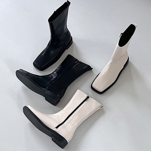 ショートブーツ スクエアトゥ サイドジップ フラット レディース ローヒール 黒 ブラック アイボリー 歩きやすい 痛くない カジュアル 靴 婦人靴 韓国 7,965円