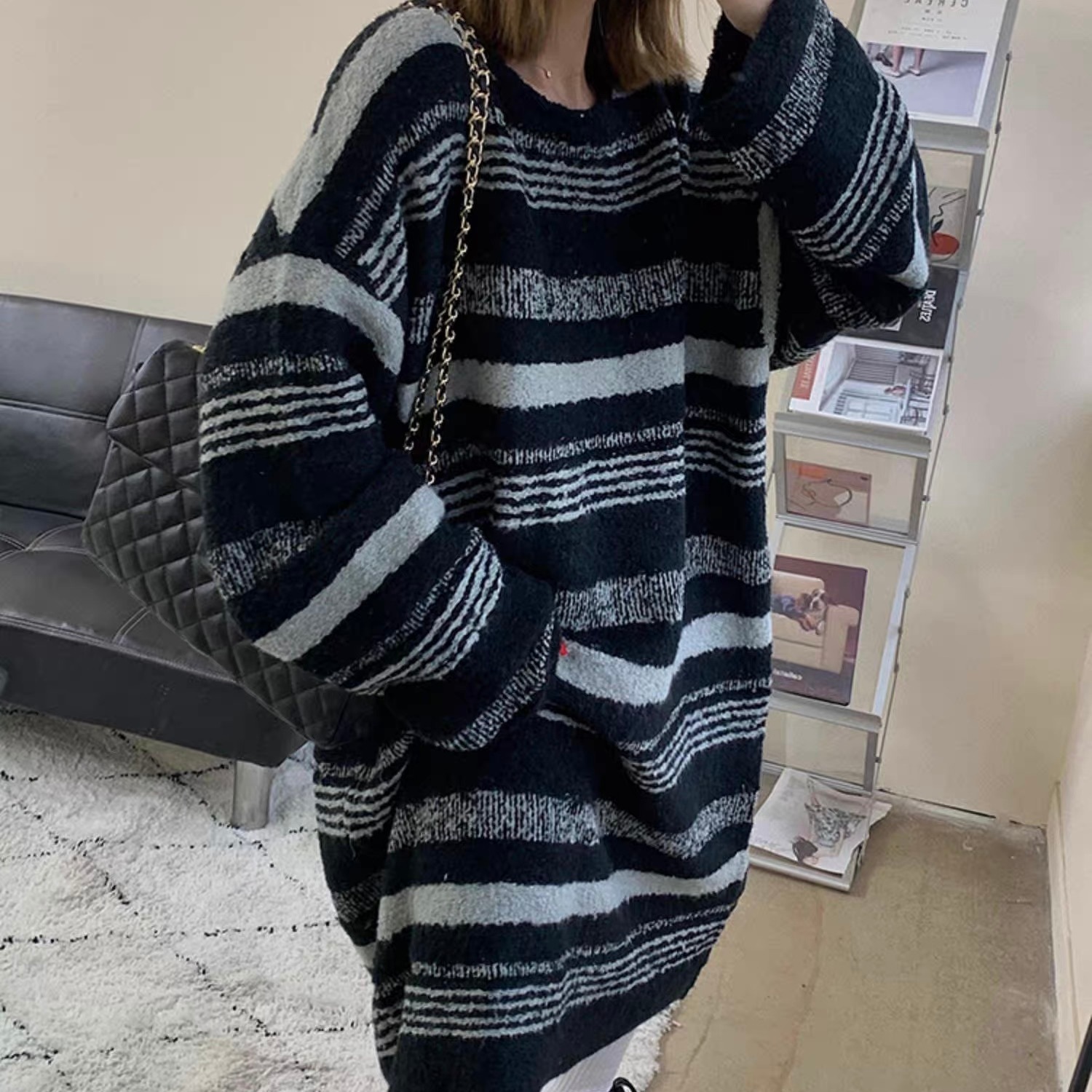 レディース トップス ニット セーター プルオーバー ニットワンピ ロング 長袖 ストレート Iライン ストリート アメカジ バイカラー 配色 かわいい 大人可愛い シンプル カジュアル おしゃれ