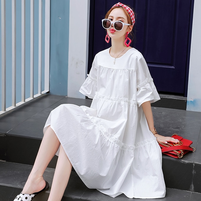 ワンピース 白トップス フレアワンピース ティアードワンピース 膝丈 ひざ丈 膝上 膝下 袖あり 半袖 ボリューム袖 ドルマンスリーブ ホルンスリーブ ラウンドネック フレア セミフレア