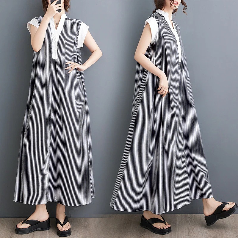 夏のフランスvネックの怠惰な風がゆったりして痩せた縞模様ロングワンピース