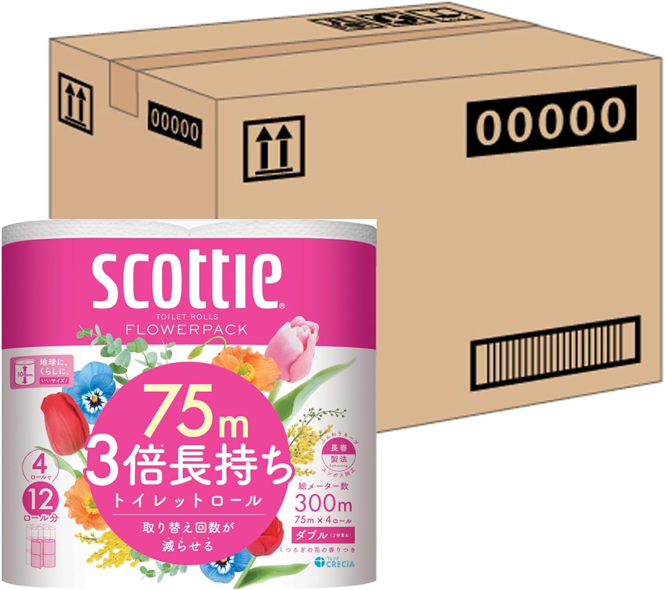 Scottie スコッティ ケース販売 フラワーパック 3倍長持ち トイレットホワイト 4ロール 75mダブル ×12パック入り