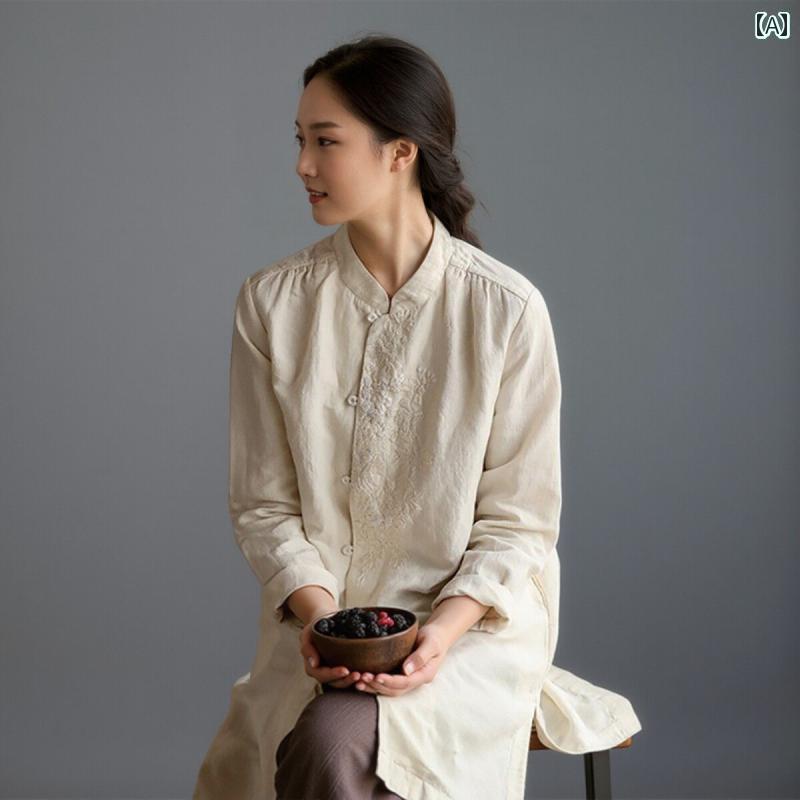 レディース　　シャツ　トップス チャイナ風 レディース トップス レトロ 綿 リネンの シャツ ジャケット 禅茶 ドレス 民族 風の 文学的な リネンシャツ