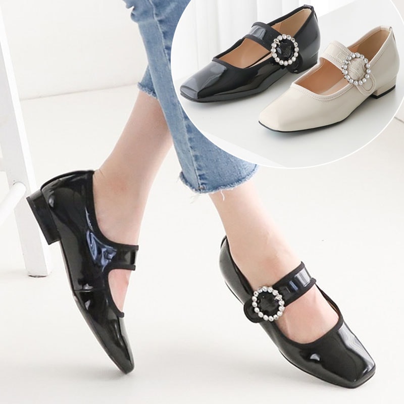 2color 可愛いビジュー．キュービック付きリングバックル スクエアトゥ エナメル素材 ローヒール メリージェーンパンプス,ビジュー付きパンプス