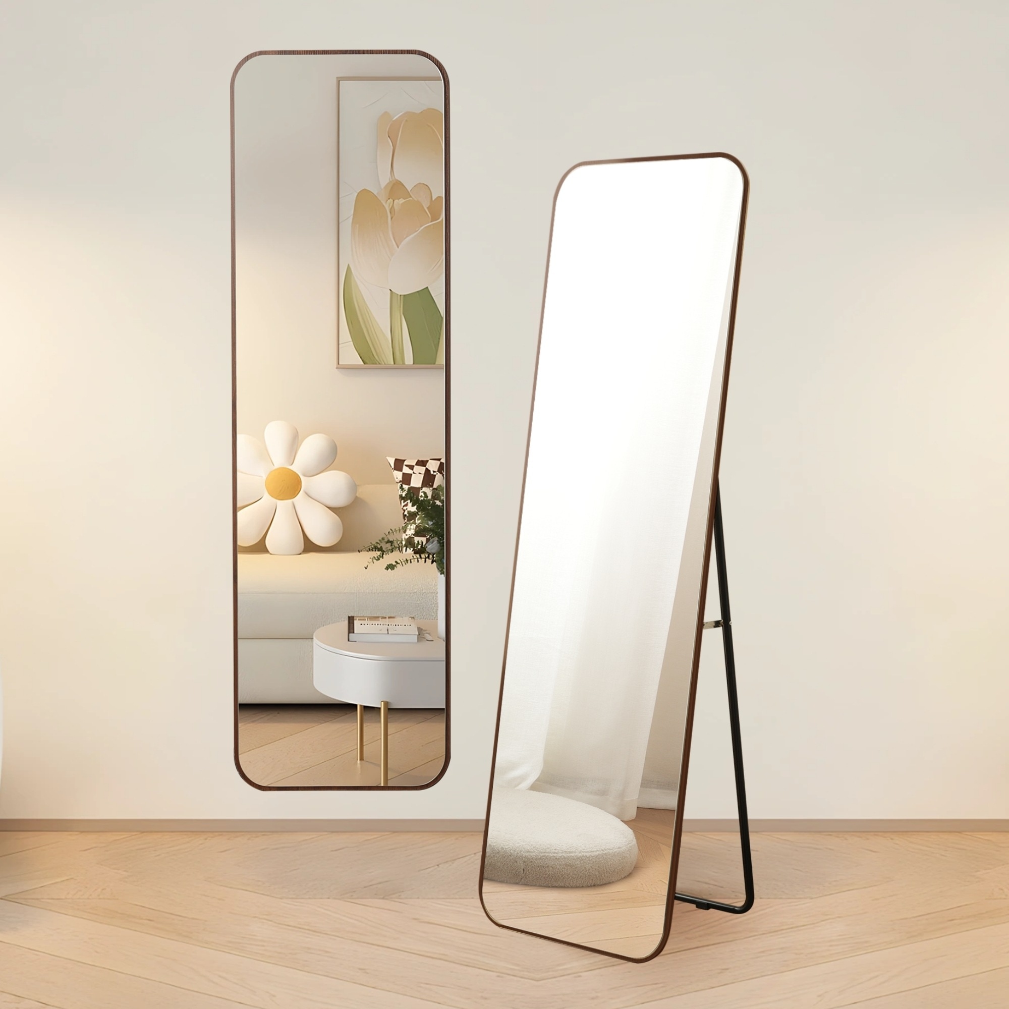 【安心保証】全身鏡 丸角フレーム 姿見鏡 北欧 木目調 スタンドミラー 壁掛けミラー 立てかけ 姿見 鏡 ミラー おしゃれ 飛散防止 160*50CM ブラウン