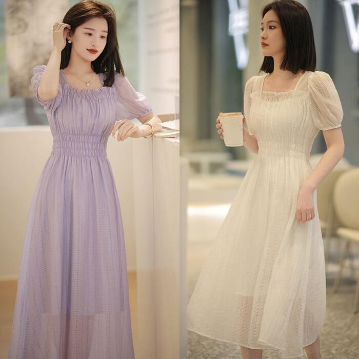 パフスリーブ ワンピース ドレス 袖あり レース エレガント レディース きれいめ カジュアル半袖 大人 可愛い ミモレ丈 体型カバー スクエアネック ベージュ パープル 春 秋 夏 5,420円