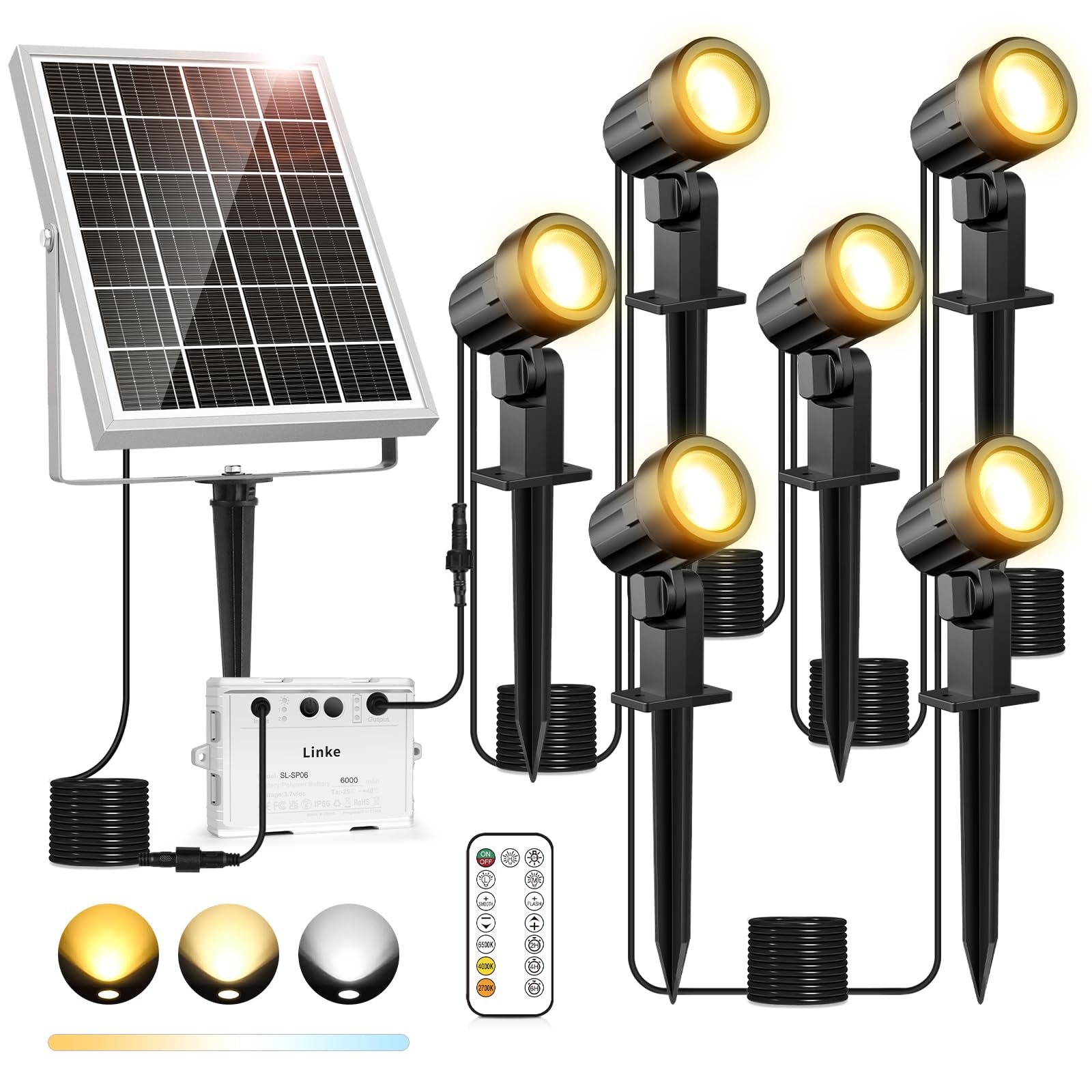 Linke スポットライト ソーラー式 アップライト ガーデンライト ライトアップ 6灯 1200LM 20時間連続点灯 屋外 IP66防水 リモコン操作 調色 調光 6000mAhリチウム電池 耐久