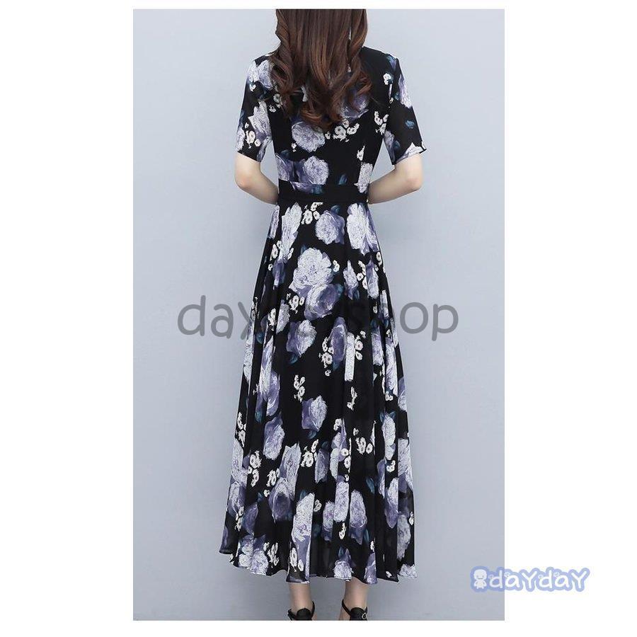 ワンピース プリント柄 花柄 半袖 カシュクール 大きいサイズ ロングワンピース 休日スタイル 女子旅 休日 美人 フェミニン 食事会 リゾート