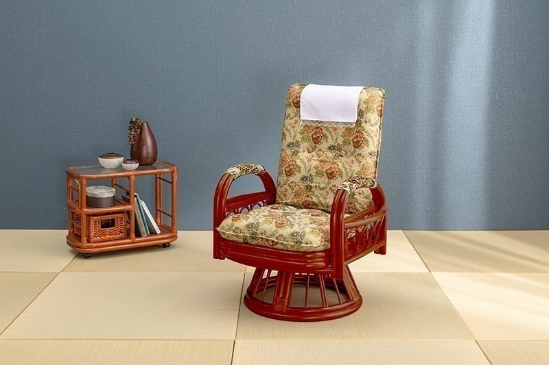 高座椅子 リクライニングチェア レトロ 和風 花柄 回転 肘掛 ラタン 籐 ハイバック 座面37cm