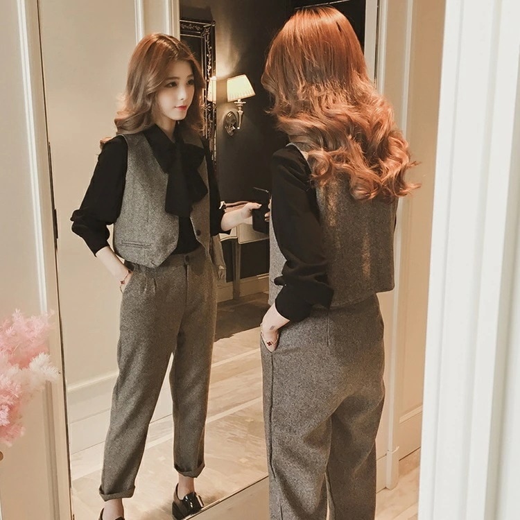 【急速出荷】セットアップ レディース きれいめ 春秋 復古風 上下セット ベスト ブラウス ズボン 3点セット 無地 前リボン 着痩せ 韓国風 通勤 長袖 オシャレ カジュアル 新作