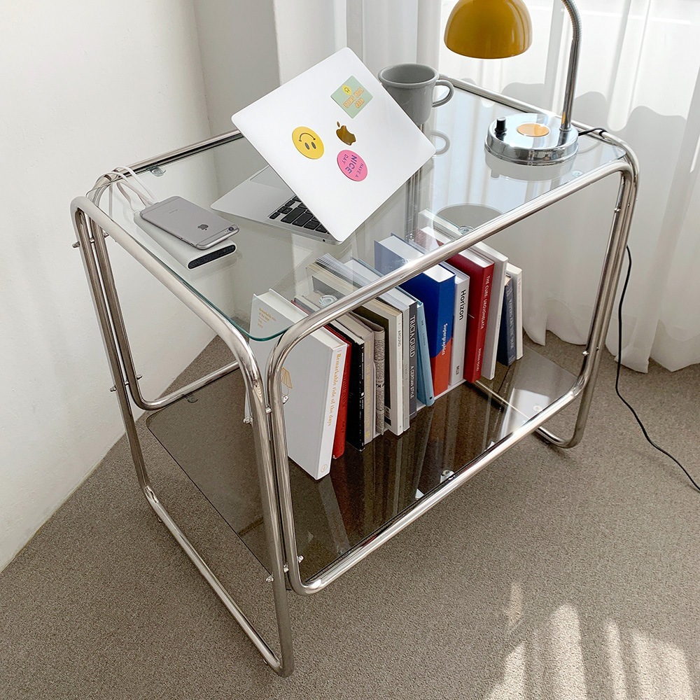 ステンレス2段テーブル 水平調節可能な足付き 韓国インテリア 取り外し可能 ブロンズカラー ステンレス ガラス 74.5×50×70cm