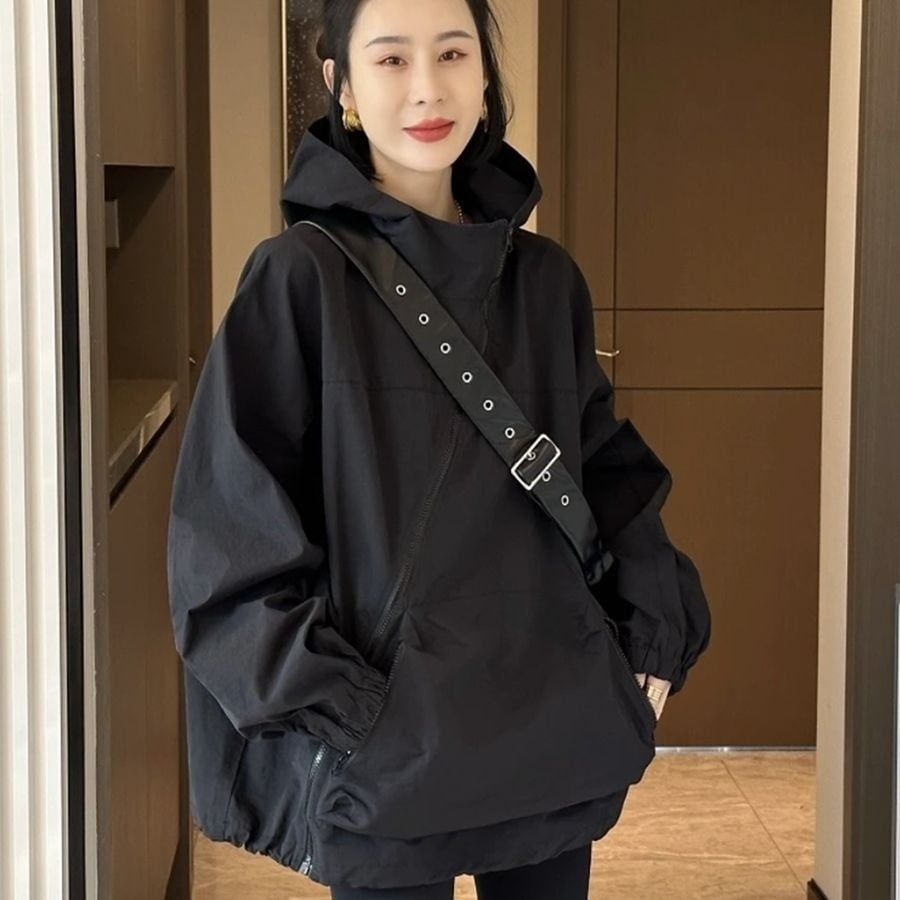 フード付きルーズジャケット ブルゾン 長袖 フード付き ジッパー ポケット 無地 前開き ルーズ 韓国 レディース かわいい 可愛い 大人可愛い 大人女子 シンプル きれいめ カジュアル