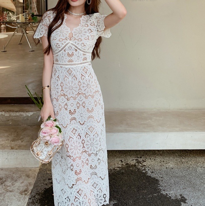 レースドレス 花柄レースワンピース 大人 バックスリット 透け感 シースルー パーティードレス韓国 レディース オルチャン リゾートワンピ 白 ホワイト ロング丈 半袖 Vネック スリム