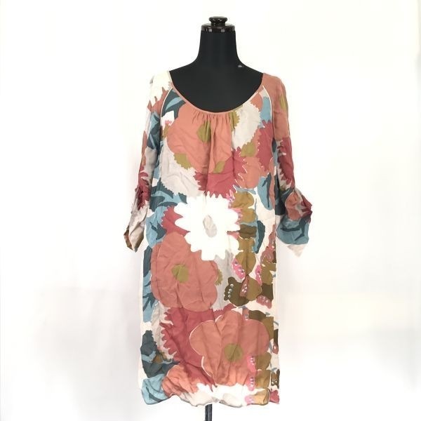 Made in Japantibi/ティビ100％シルク/長袖/膝丈ワンピース【Womens size-M/2/ピンク/Pink/花柄】silk/dress/Tops/ShirtsBH168