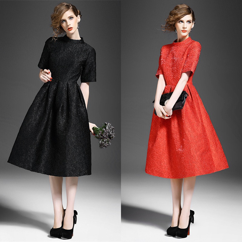 レディース ファッション フォーマルパーティードレス 披露宴 立てるネック ハイウェスト プリーツ 花柄 フレア ミディアム マキシ ロング ワンピース ドレス