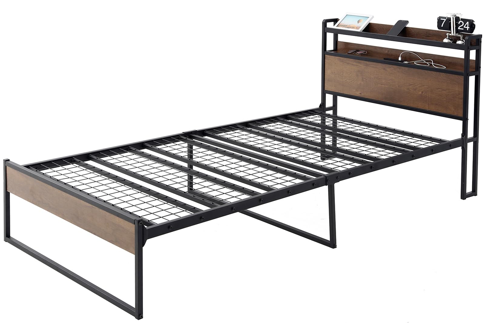 SINNONAKA USB&2コンセント ベッドフレーム 2段宮棚付き パイプベッド 高耐荷重 収納付き スチールベッド カビ防止 アイアン 脚付き フレームのみ シングルベッド 頑丈 木製 （ウォー