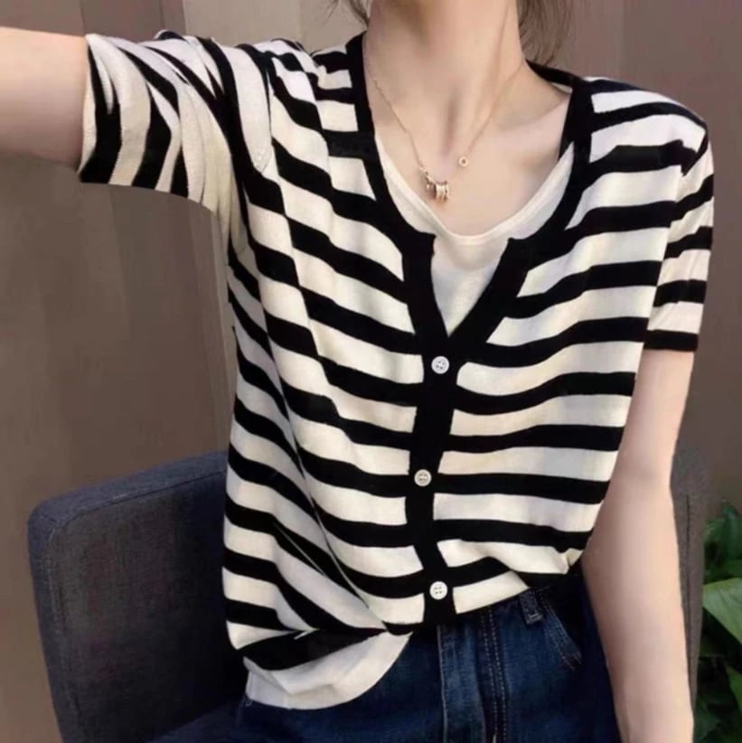 春 夏 ニットカーディガン 半袖 高級感 フェイクレイヤード トップス ゆったり 通勤 レディース 着痩せ 気質