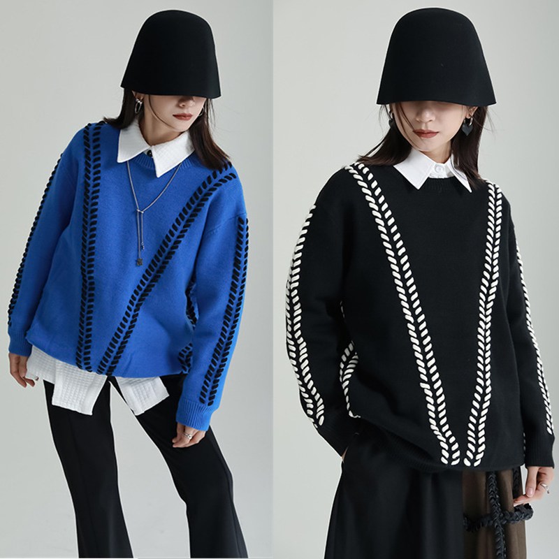 【J.Fashion】 ライン飾り ニット 巾着 ラウンドネック 春秋 セーター ゆったり ベーシック トップス カシミヤタッチ