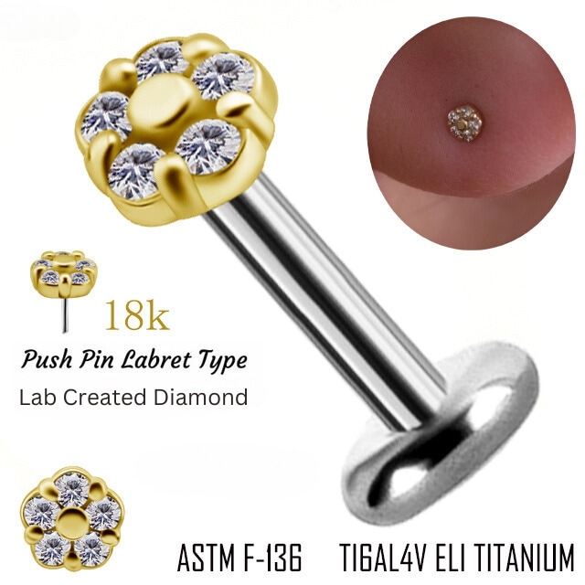 プッシュピン ピアス 18金ゴールド 18K ダイヤモンド 20G 18G 16G 14G フラワー 花ピアス チタンピアス 金属アレルギー対応 ラブレットスタッズ ロブ 軟骨ピアス
