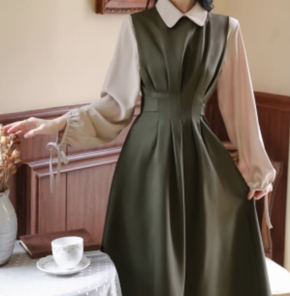 ワンピース デート フレアワンピース ロング丈 袖あり 長袖 カーキー ブラック 上品 お洒落 主役級 存在感 無地 春 秋 10代 20代 バックリボン ギャザー ガーリー レトロ 個性的 韓国 8,497円