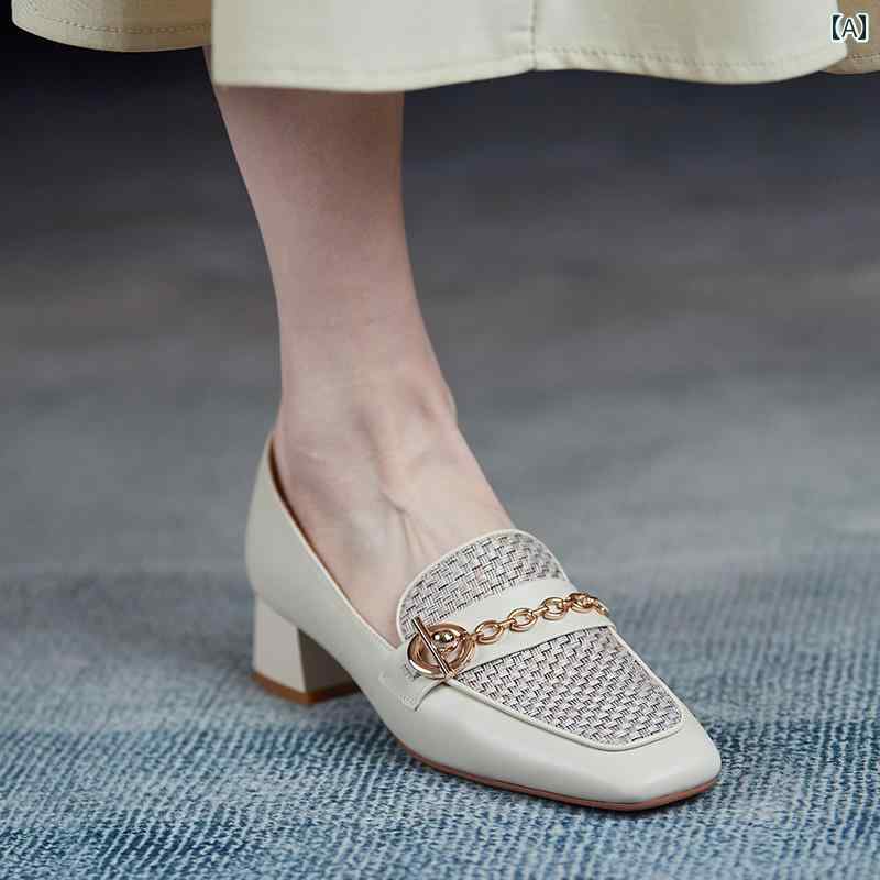 ローファー レディース オフィス 通勤 仕事 春 スタイル 革 太い ヒール 深口 シングル シューズ 女性 スクエアトゥ