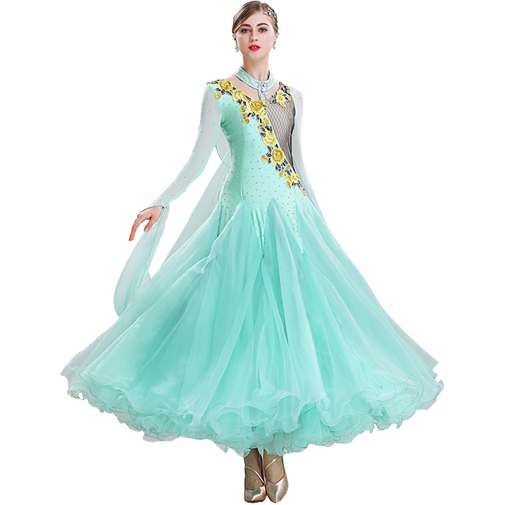 社交ダンス モダンドレス ワンピースドレス 大きい裾 グリーン スタンダードドレス キラキラビジュー付き インターナショナルダンス 豪華 演出服 競技会 ワルツ服 練習着 競技用 ステージ衣装