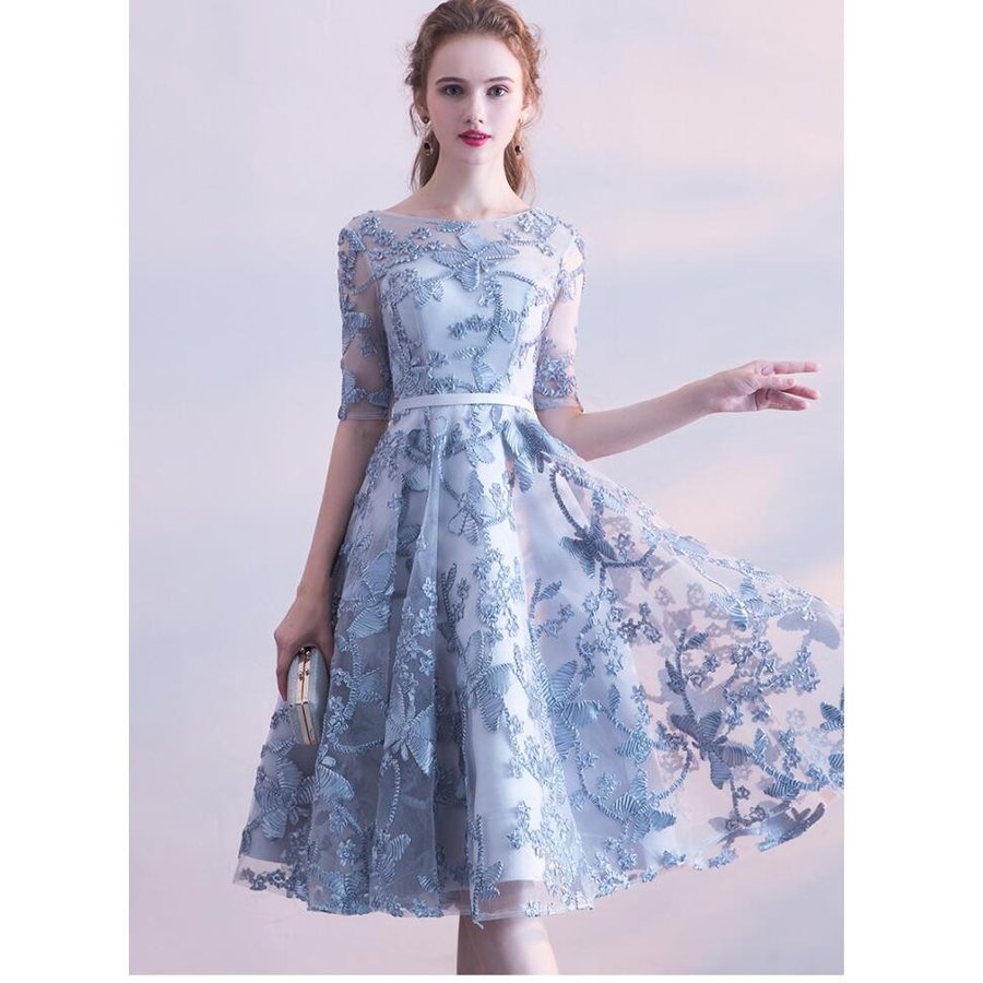 Aライン 袖あり パーティードレス ミモレドレス 結婚式 ドレス 二次会 ウエディングド