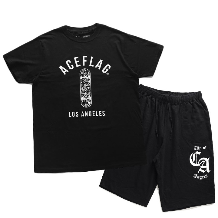 ACE FLAG 上下セット 半袖 ブランド Tシャツ ハーフパンツ 上下 メンズ 春夏用 黒 大きいサイズ エースフラッグ セットアップ ゆったり パンツ LA