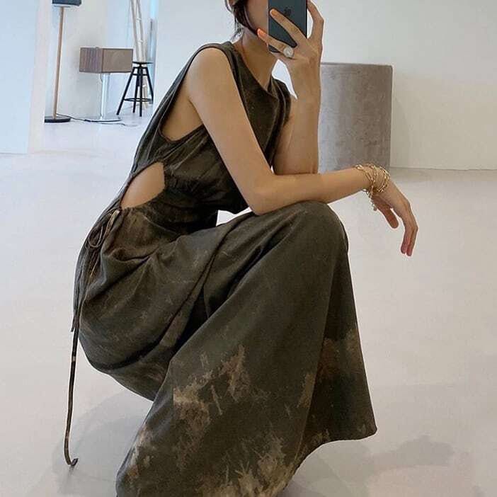 レディース ワンピース サイドオープンデザイン ロングワンピース ラウンドネック ノースリーブ 大人可愛い ママコーデ ママファッション 韓国系 オルチャン 人気 トレンド 20代 30代 40
