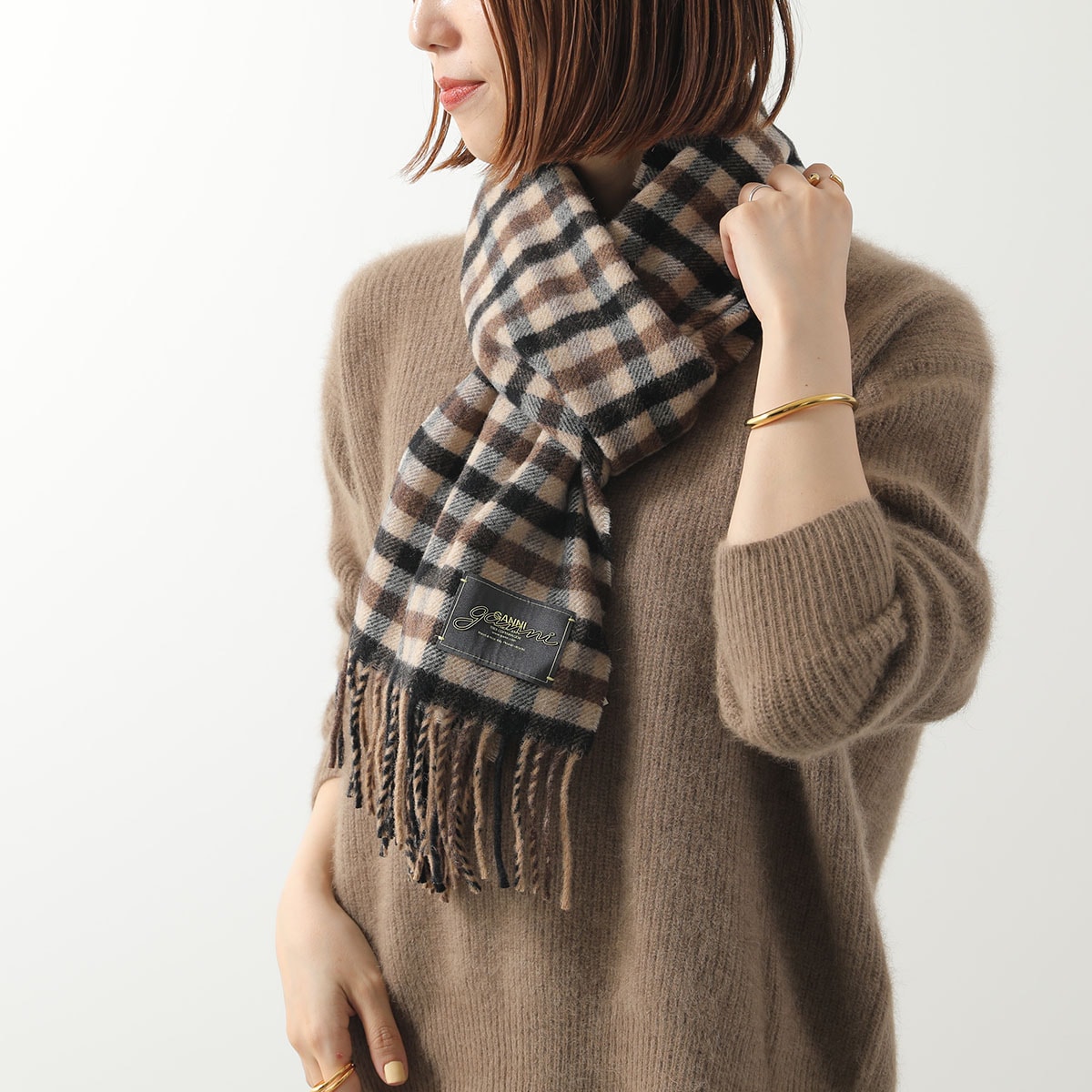 GANNI ガニー マフラー Graphic Wool Scarf A6668 5945 レディース ウール ストール チェック柄 ロゴ 979/Chicory-Coffee