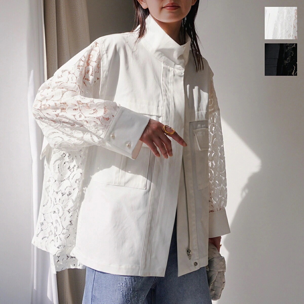 BLANC ブランク シャツジャケット PB51504 レディース ツイル レース ブルゾン ハイネック ジップアップ カラー2色 【mega】