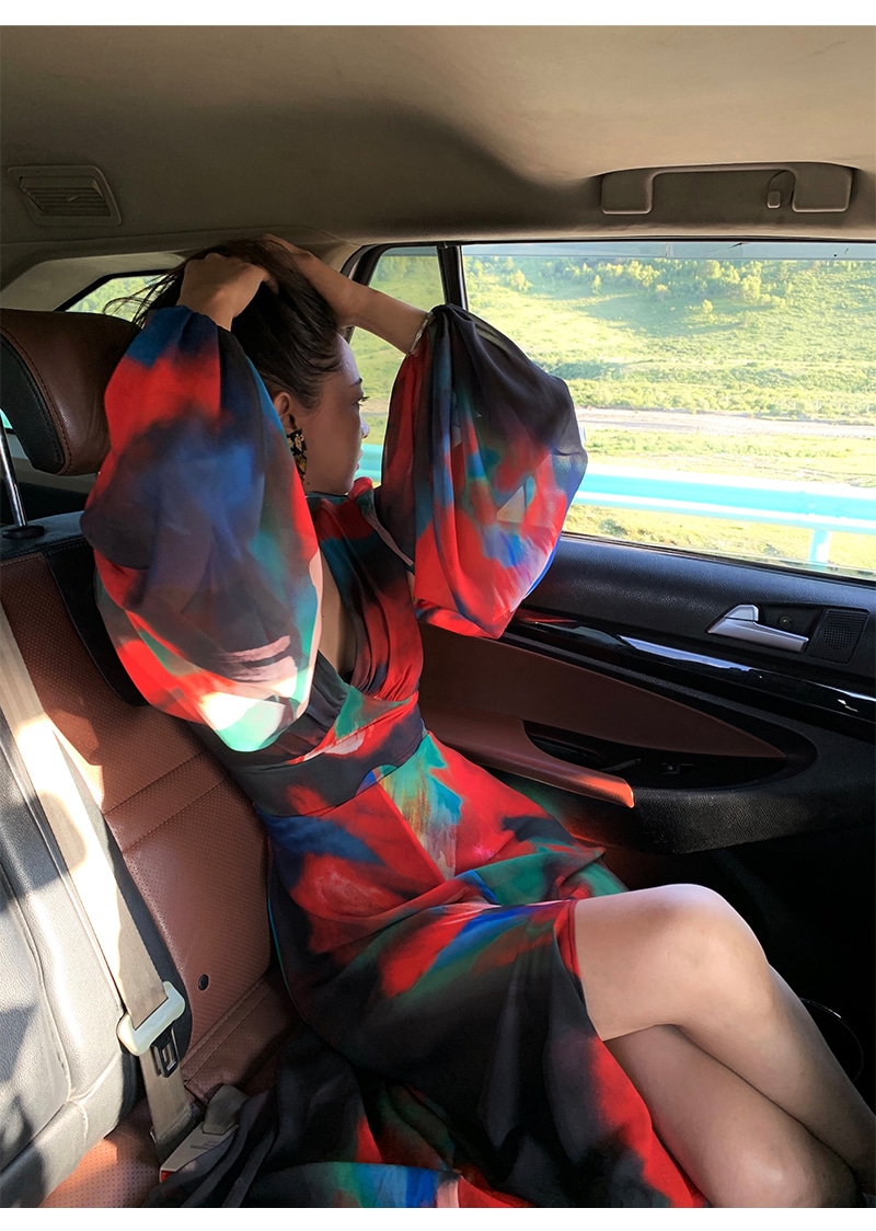 レッド 個性的なデザイン vネック パフスリーブ シフォン 秋 ドレス フレンチ シーサイド ホリデー ドレス レッド XS S M ワンピース 膝丈 ひざ丈 かわいい 大人可愛い きれいめ シンプル