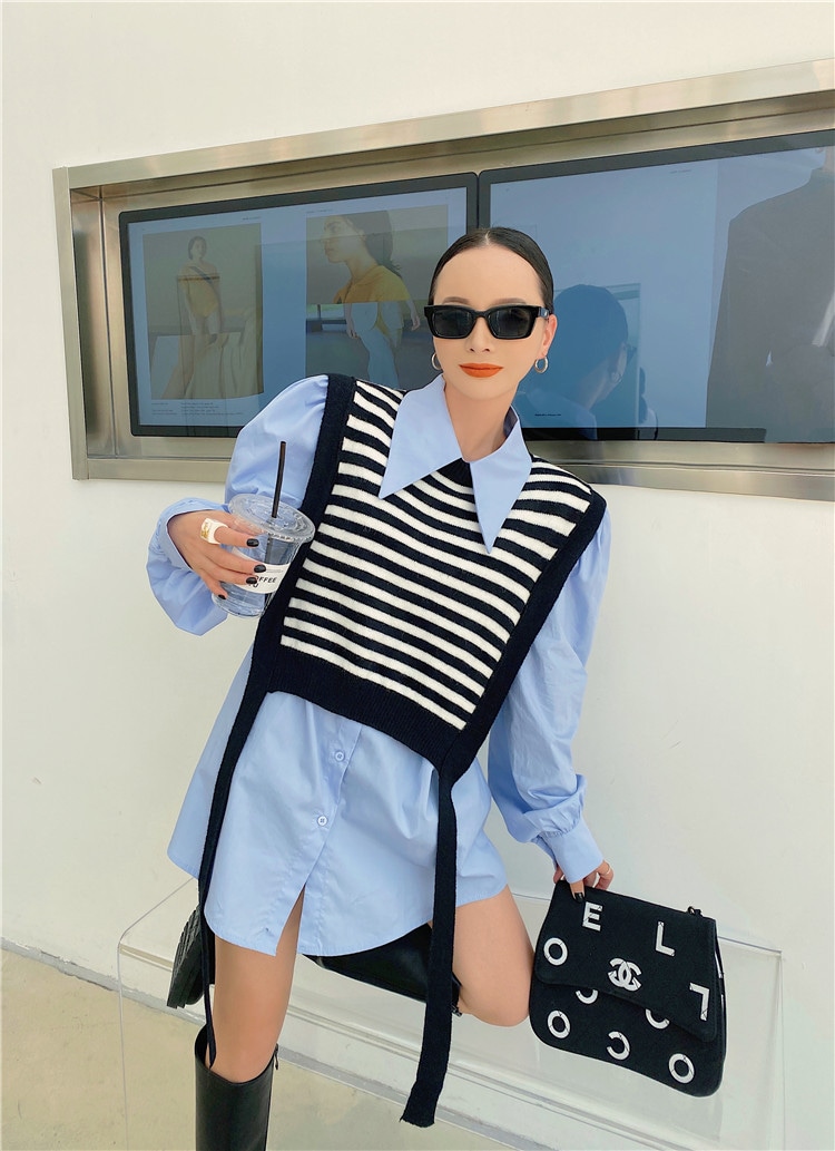 【２点セット】ストライプニットベスト＋長袖シャツ ベスト ツーピース シャツ モード系 レディース