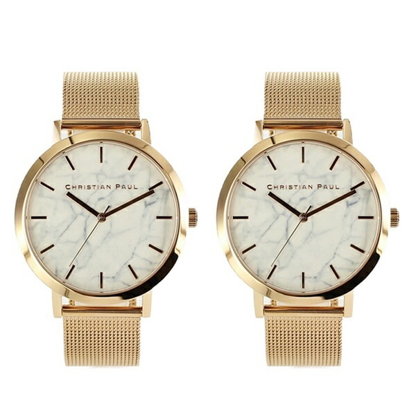 【ペア時計収納BOX付き】クリスチャンポール 腕時計 手表 ペアウォッチ メンズ レディース 同サイズ 43mm 大理石柄 ホワイトマーブル ローズゴールド メッシュベルト MAR-04MAR-04