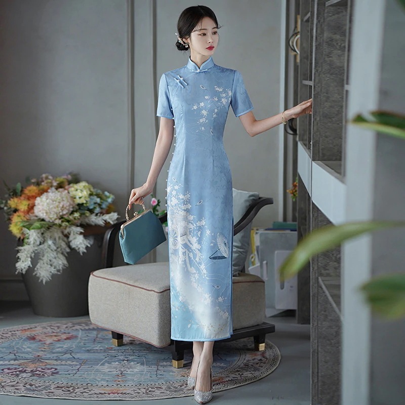 2024 新年ロングチャイナドレス二重層スタンドカラーレトロチャイナドレス文学少女のための若いスタイルのチャイナドレス