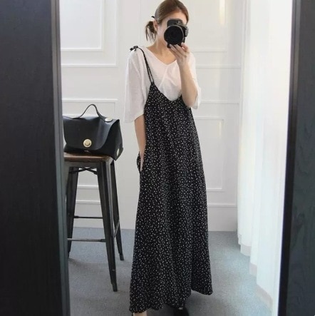 キャミソールワンピース フレアワンピース 重ね着 ロング ロング丈 袖なし ノースリーブ Vネック フレア Aライン フリル プルオーバー かわいい きれいめ シンプル カジュアル 大人 上品