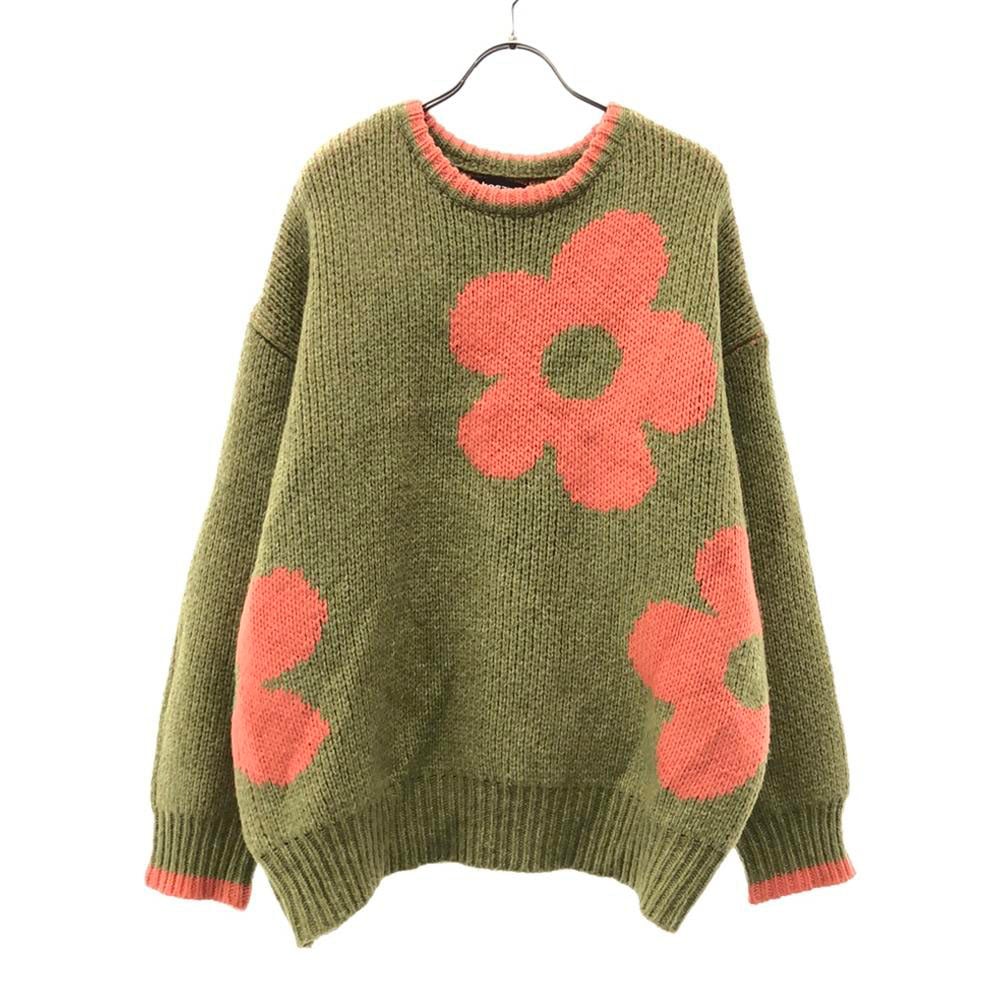 シーセム 花柄 長袖 セーター L グリーン系×オレンジ系 shesame ニット レディース