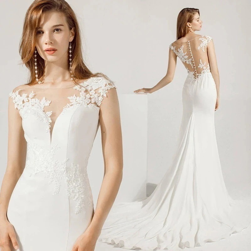 パーティードレスドレスノースリーブフィッシュテールスカート 花嫁 結婚式　 Vネック結婚式 ウェディングドレス 美背 レース セクシー