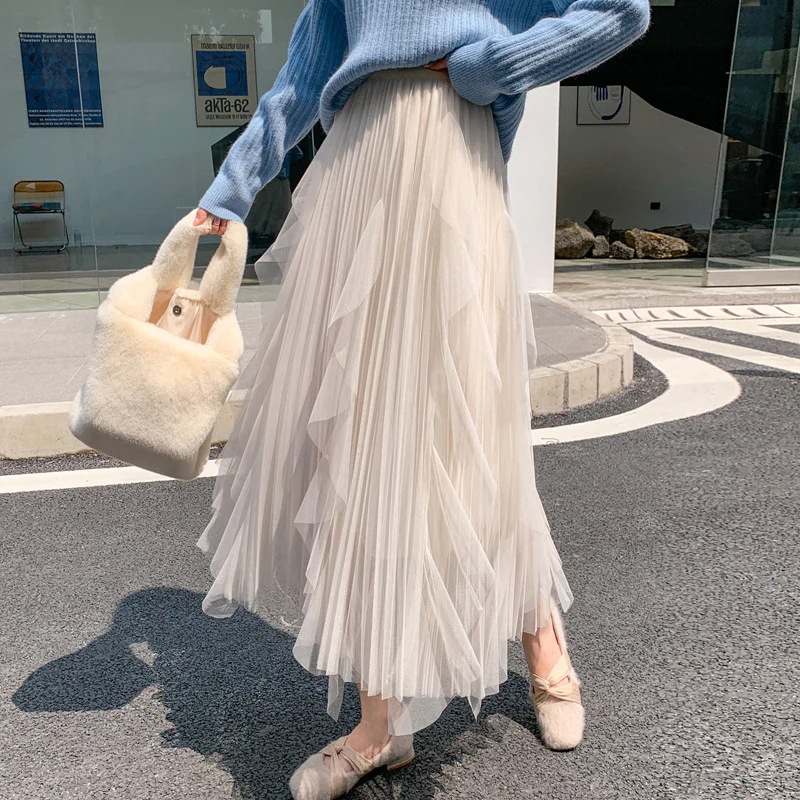 メッシュスカート 春秋ファッション Aライン 大きい裾 プリーツ ケーキスカート ミモレ丈 ハイウエスト ガーゼスカート