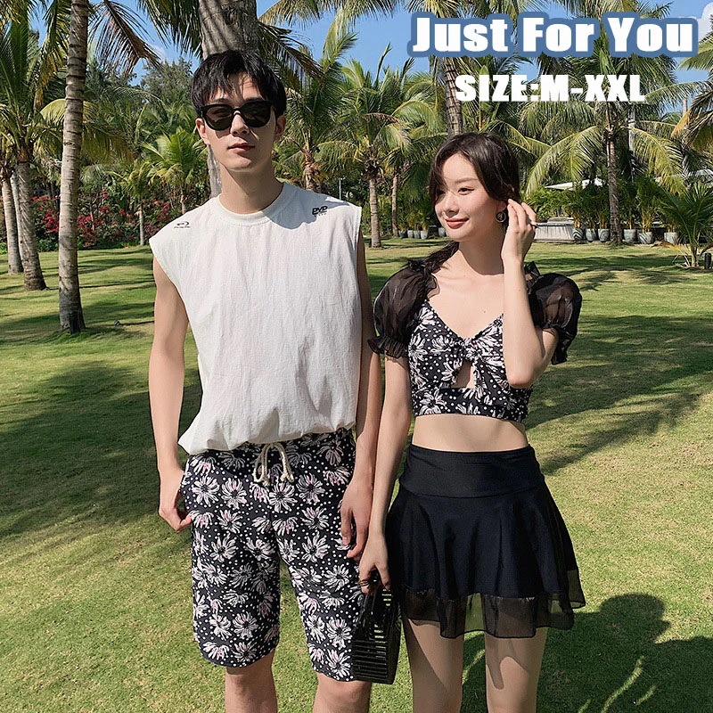 ペア水着 水着 メンズ レディース ペア ペアルック カップルお揃い ビーチ水着 ビーチパンツ 花柄 水着 男性 女性 レディース 体型カバー 上下セット ラッシュガード 競泳 大きいサイズ 水陸両用