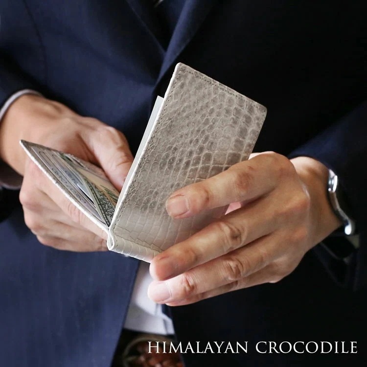 ヒマラヤ クロコダイル マネークリップ 財布 メンズ 一枚革 センター取り 折り財布 二つ折り 薄い お札入れ 札ばさみ 日本製 本革 鰐革 プレゼント ギフト (06001796-mens-1r)