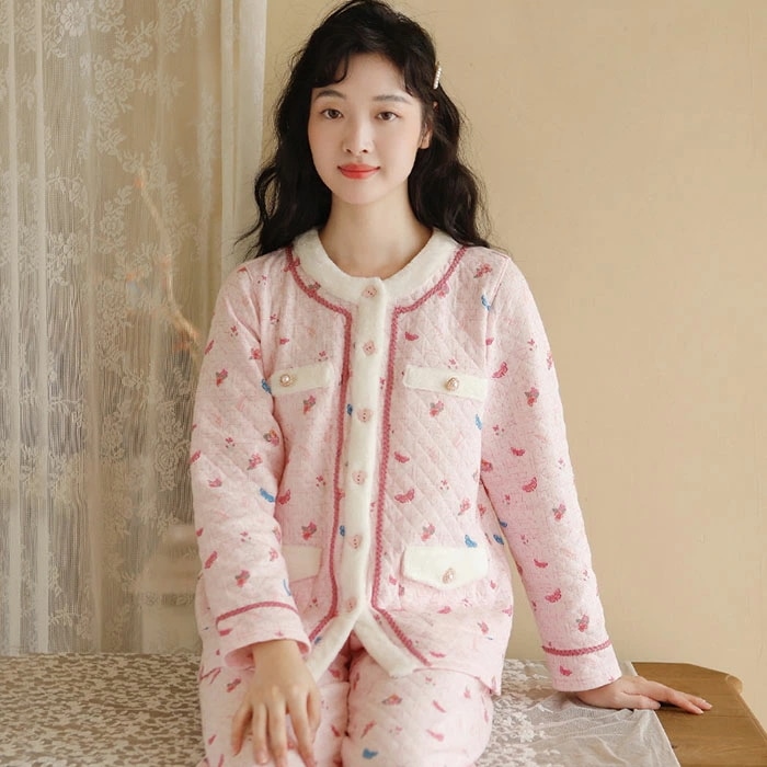 パジャマ レディース 綿100% 冬 長袖 ルームウェア 上下セット 前開き 厚手 暖かい 春 秋 秋冬 部屋着 セットアップ 大きいサイズ 保暖 おしゃれ 可愛い かわいい 寝間着 寝巻き 婦人 女