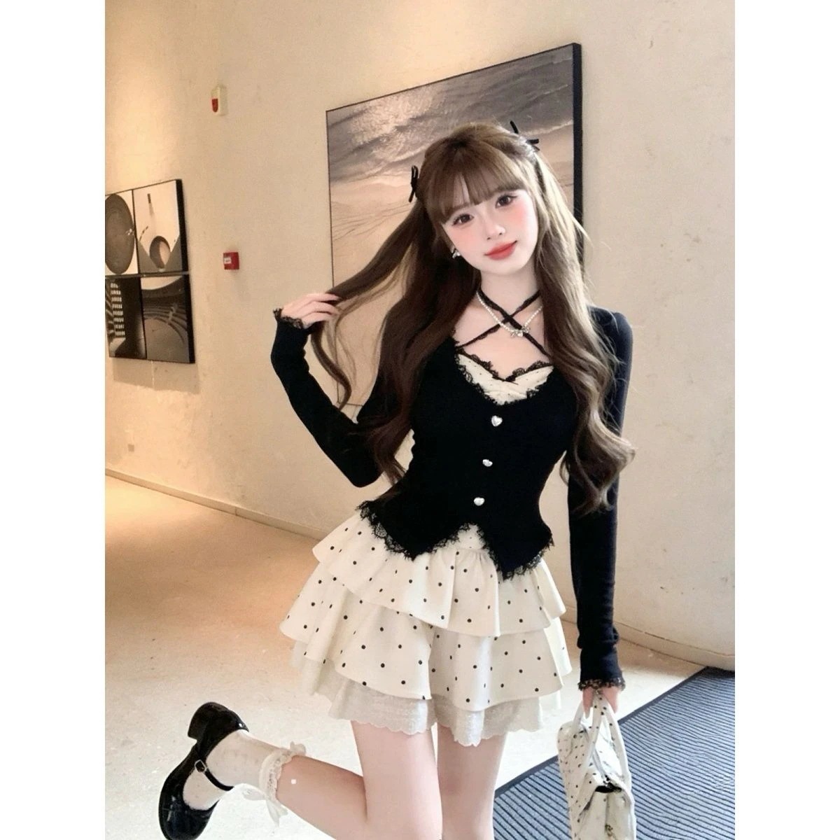 黒 レース 甘め ニットトップス ＋ 水玉ティアードスカート セット 純欲 レディース