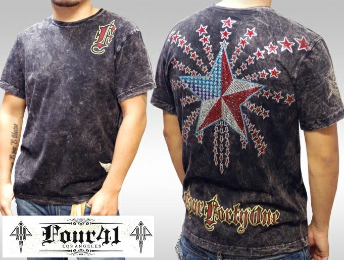 Four41 Los Angeles フォーフォーティーワン メンズ ラインストーン Tシャツ フラッグスター ブラック k-125 スワロフスキー インポート セレブ ブランド ストリート LAセレ