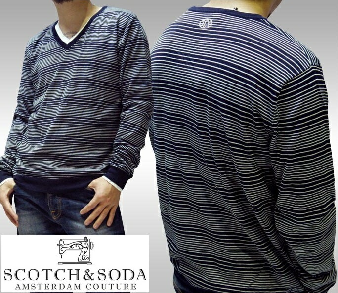 スコッチ&ソーダ スコッチアンドソーダ scotch&soda メンズ 長袖 レイヤード Vネック ニット ボーダー ネイビー ホワイト トップス カジュアル サーフ セレブ ストリート ヨーロピアン