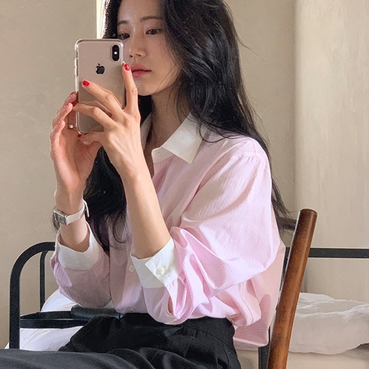 トップス シャツ 長袖 襟付き 前開き ボタン ツートンカラー かわいい 大人可愛い きれいめ シンプル 上品 おしゃれ かっこいい カジュアル レトロ こなれ感 個性的 主役級 存在感 抜け感