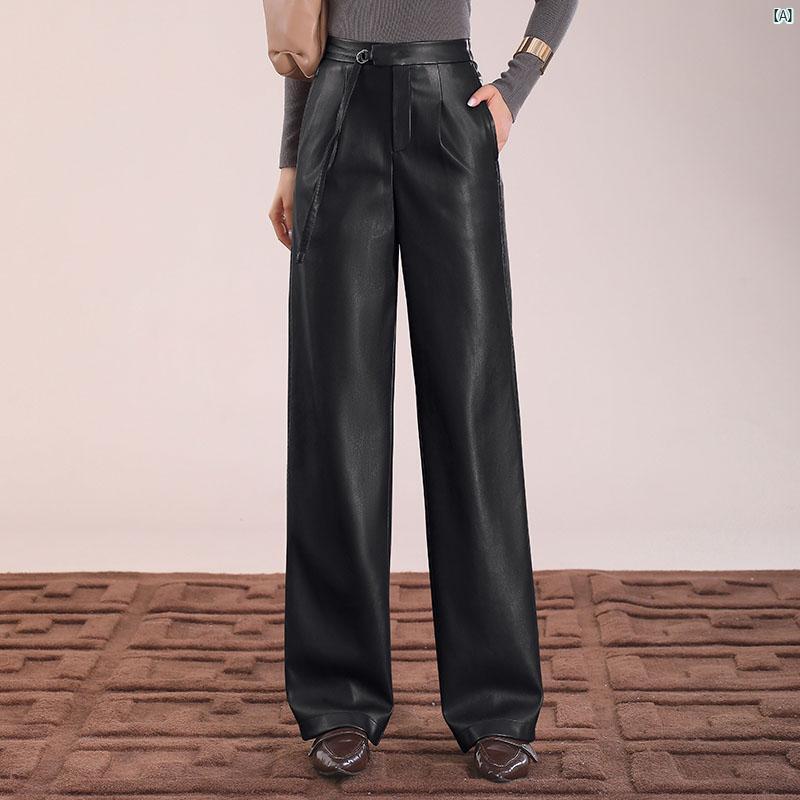 レディース　ファッション　オシャレ　シンプル おしゃれ 洋風 レザーパンツ スリム ストレート パンツ 秋冬 バック ウエスト ゴム入り カジュアル ワイド ズボン 6,680円