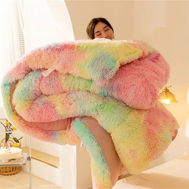 こたつ布団 長方形 おしゃれ 虹柄 豪華 ラビットファー調 フランネル 掛け布団 シングル ダブルサイズ マイクロファイバー 増量タイプ ボリューム感がたっぷり 冬用寝具30%までに制限