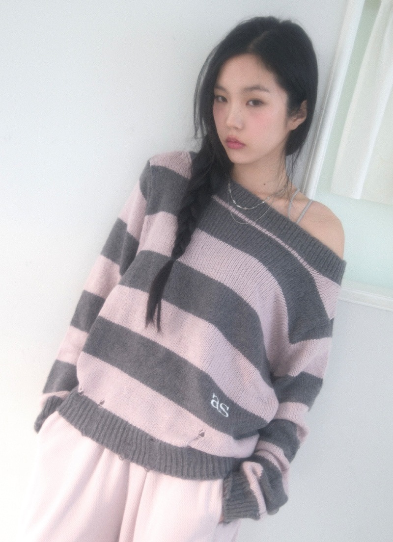 【AS"ON】 SORI OFF STRIPE KNIT / PINK 正規品